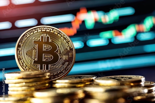 Cash down. Stack of Bitcoin coins in front of a fluctuating stock chart background.