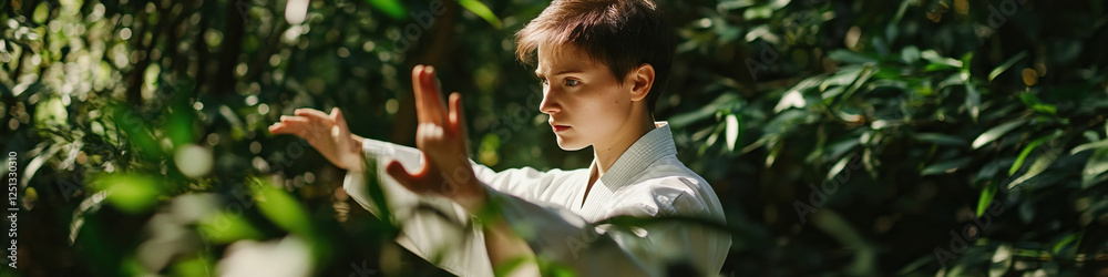 Young Person Practicing Martial Arts in Foliage Young Person Practicing Martial Arts in Foliage