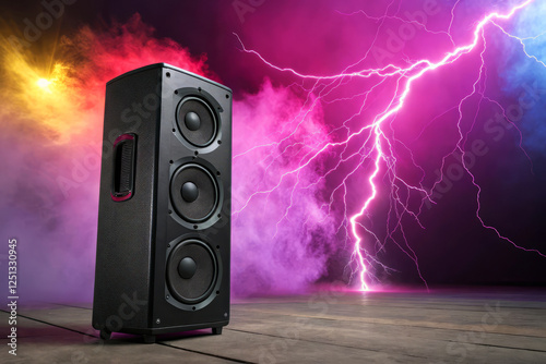 Dynamic Sound Speaker with Colorful Smoke and Lightning Background in Studio Setting