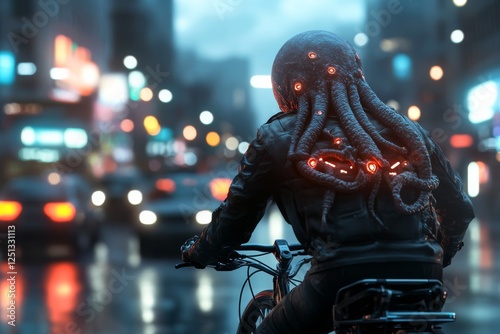 Mysterious figure with glowing tentacles rides a bike through a rainy, neon-lit city at night