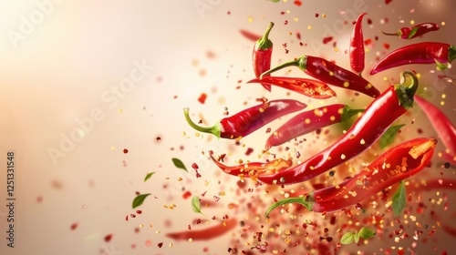 Vibrant Red Chili Peppers Falling Against Soft Blurred Background