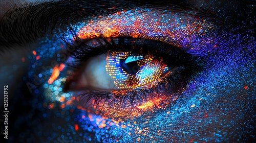 Biometric iris scan with overlaid abstract digital patterns and colorful neon like textures representing the technology of identity recognition and data security