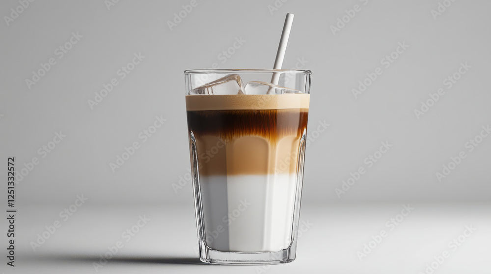 Iced latte with layers of espresso and milk, served with ice and straw Iced latte with layers of espresso and milk, served with ice and straw