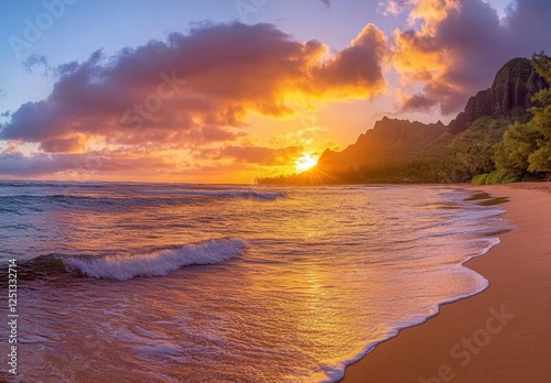 The sun is setting over the ocean, casting a warm glow on the water