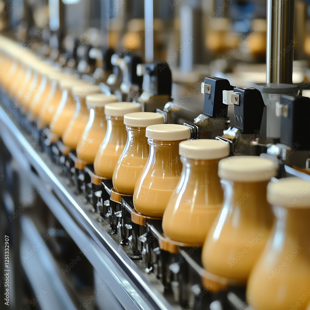 Bottles of beverage on a production line in a modern factory setting. Bottles of beverage on a production line in a modern factory setting.