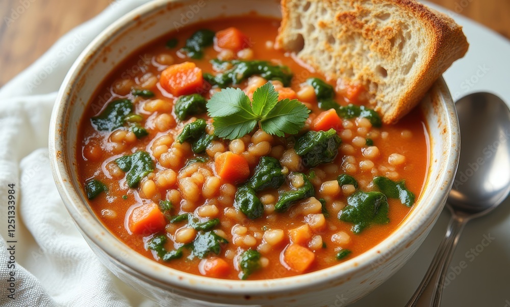 Hearty vegetable soup with bread slice Hearty vegetable soup with bread slice
