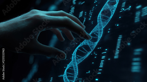 Futuristic scene showing a virtual DNA model displayed on a digital interface, emphasizing innovation in genetics and bioinformatics