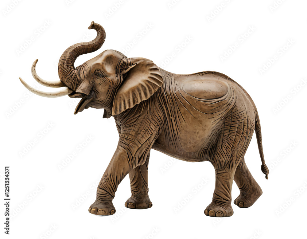 Obraz premium A detailed, brown elephant statue stands on all fours, with its trunk raised and tusks visible, against a white background, emphasizing its grandeur and majesty