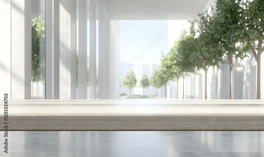 Modern minimalist wooden table top with blurred background of bright city building and trees. Ideal for product placement or display. Modern minimalist wooden table top with blurred background of bright city building and trees. Ideal for product placement or display.