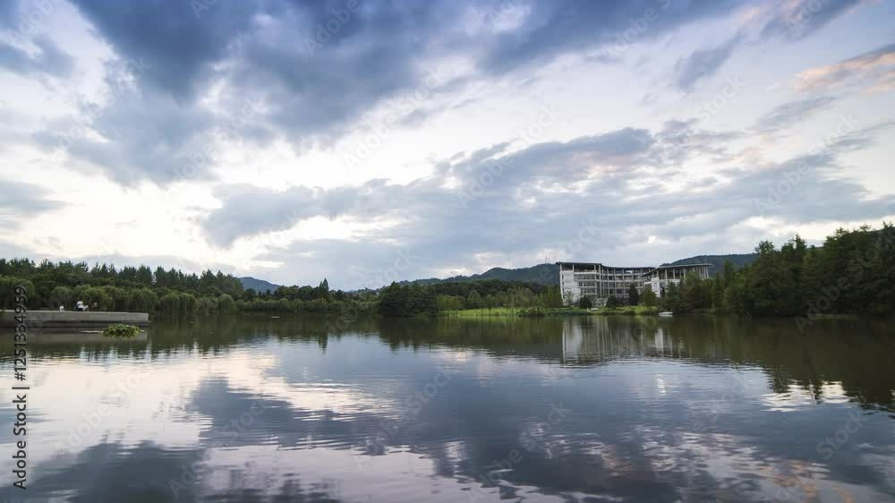 Time lapse of serene water reflections and peaceful skies at Zhejiang Agriculture and Forestry University East Lake Time lapse of serene water reflections and peaceful skies at Zhejiang Agriculture and Forestry University East Lake