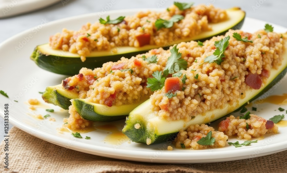 Stuffed zucchini with couscous on plate Stuffed zucchini with couscous on plate