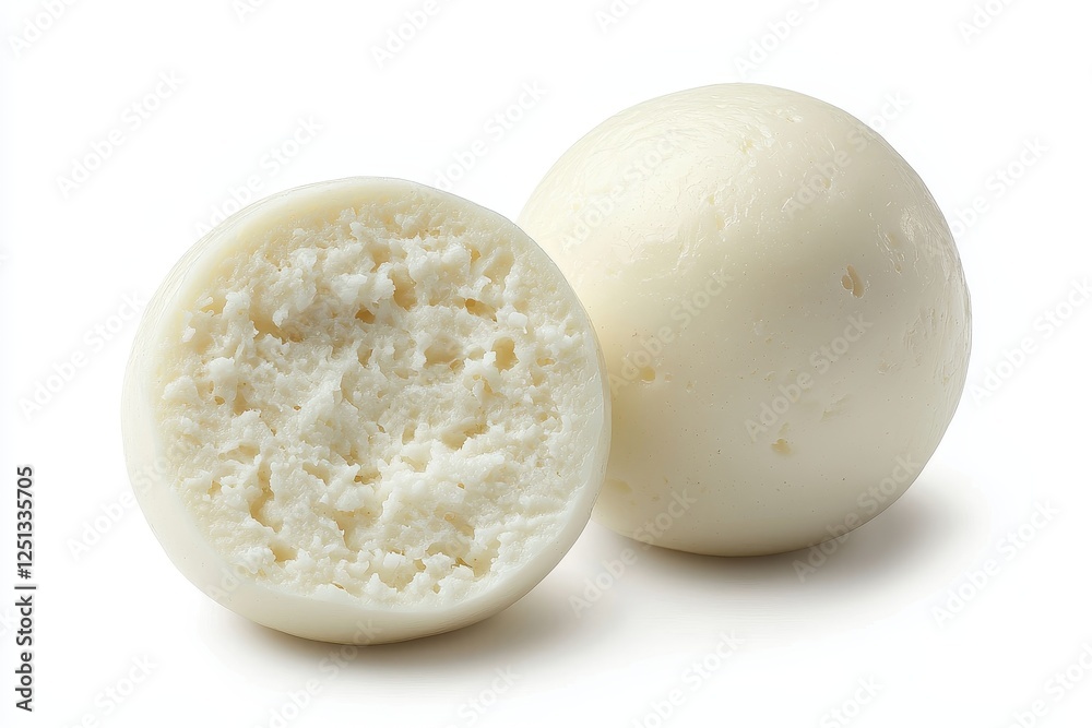 A pair of spherical, white cheese balls, showcasing a smooth exterior and a crumbly interior, ideal for gourmet dishes. A pair of spherical, white cheese balls, showcasing a smooth exterior and a crumbly interior, ideal for gourmet dishes.