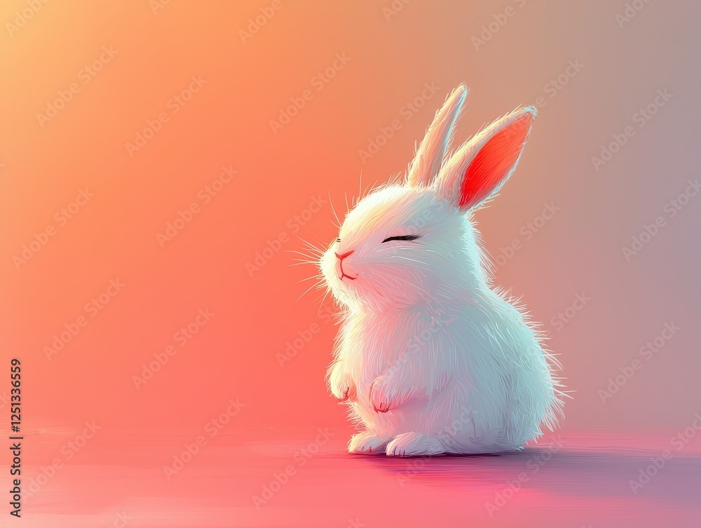 Obraz premium A fluffy white rabbit sits peacefully, with closed eyes, against a soft, colorful gradient background, evoking a serene and whimsical mood.