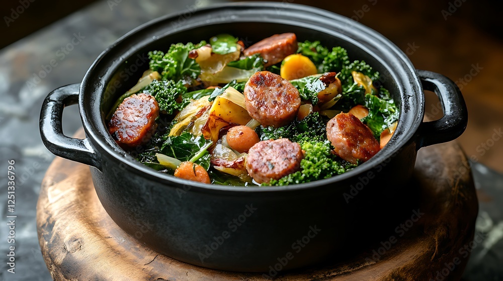 Kale with cabbage sausage and smoked dab in an enamel pot Kale with cabbage sausage and smoked dab in an enamel pot
