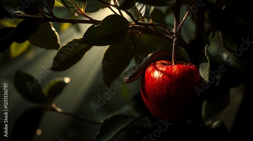 Serpent coiled around a ripe red apple on a tree branch.