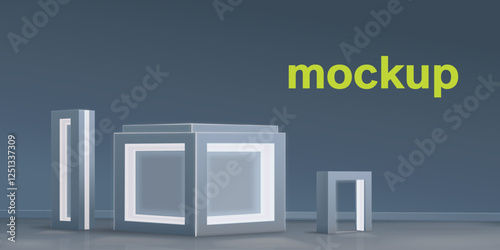Realistic mockup of a pedestal, stand in a minimalist style with LED backlighting. Vector template of a pedestal box for goods, things, store, business, advertising. Design of commercial equipment.