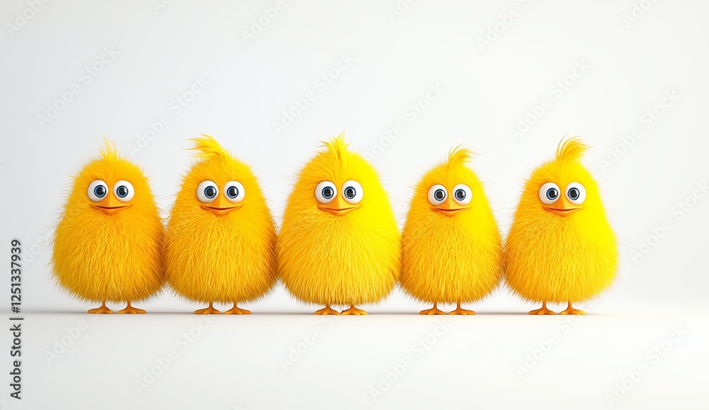 Fototapeta premium Five fluffy yellow chicks stand in a row against a white background. They have large eyes and small beaks. The image is bright and cheerful.