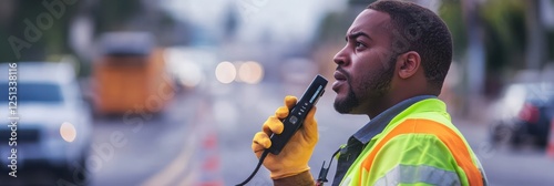 A traffic controller in a safety vest directs vehicles while using a walkie-talkie, ensuring safety and order on a busy road.