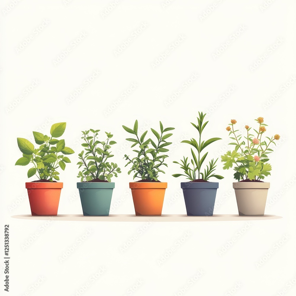Five colorful pots filled with various herbs and plants, arranged neatly against a light background. Five colorful pots filled with various herbs and plants, arranged neatly against a light background.