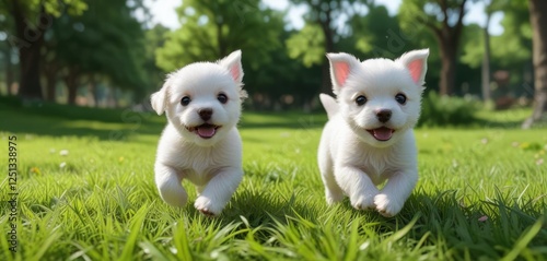 A tiny white puppy with a pink nose and wiggling tail running in the green grass of a park , puppy grass, wagging tail, white pitbull puppy playtime