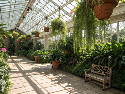 A bright and airy greenhouse filled with lush green plants, hanging vines, and terracotta pots of all shapes and sizes. Sunlight streams through the glass roof, casting playful shadows on floor