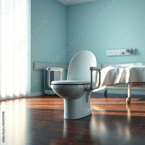 A toilet chair with a soft, padded seat and backrest, positioned in a hospital room with a postoperative patient's bed nearby,  recovery,  patient support,  medical furniture,  nursing home,  elderly photo