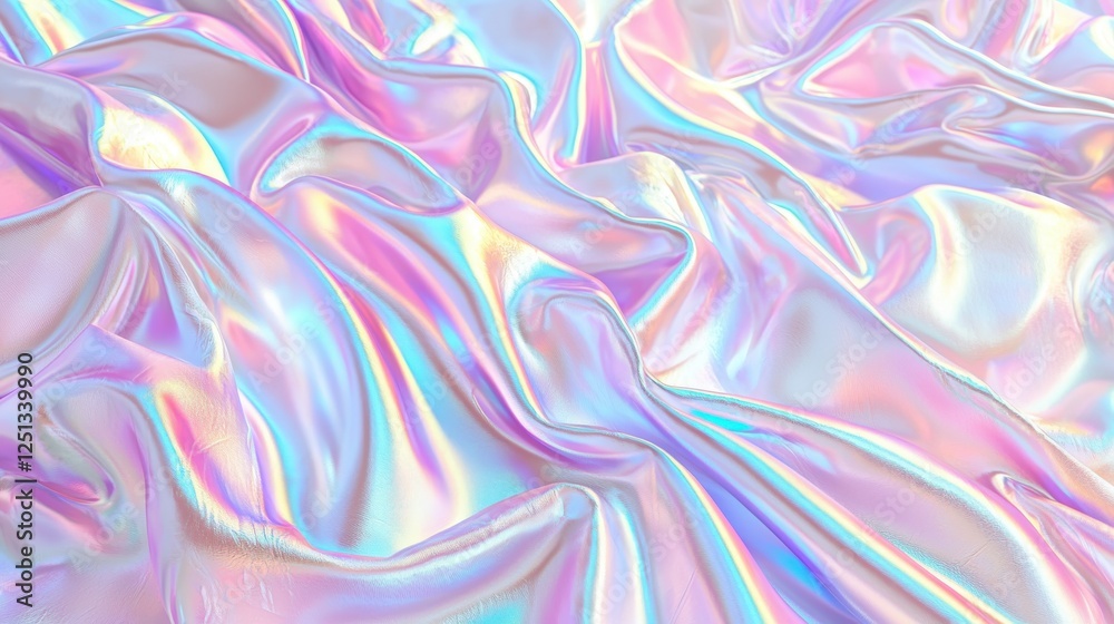 Fototapeta premium Close up of pink and blue fabric with surreal iridescent metal waves and reflective surface