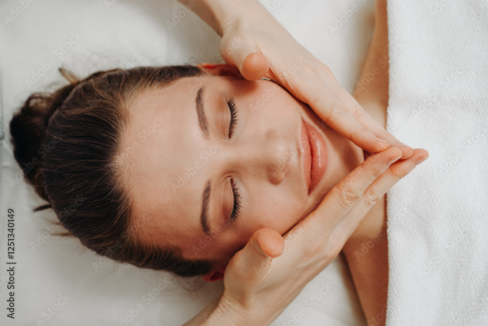 face massage, young attractive caucasian woman, beautiful relaxed lady with closed eyes, view from above, spa therapist doing facial and head massage in beauty salon, skincare and bodycare concept face massage, young attractive caucasian woman, beautiful relaxed lady with closed eyes, view from above, spa therapist doing facial and head massage in beauty salon, skincare and bodycare concept