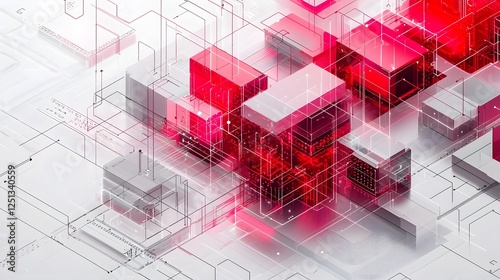 An abstract digital system with interconnected pathways and data blocks depicted in a futuristic geometric design
