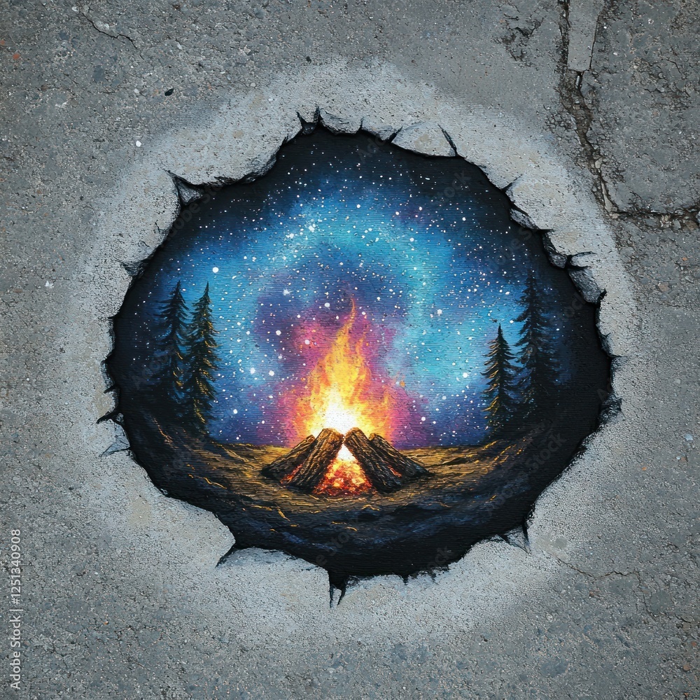 Campfire Underneath Starry Night Sky Painted On Cracked Pavement Campfire Underneath Starry Night Sky Painted On Cracked Pavement