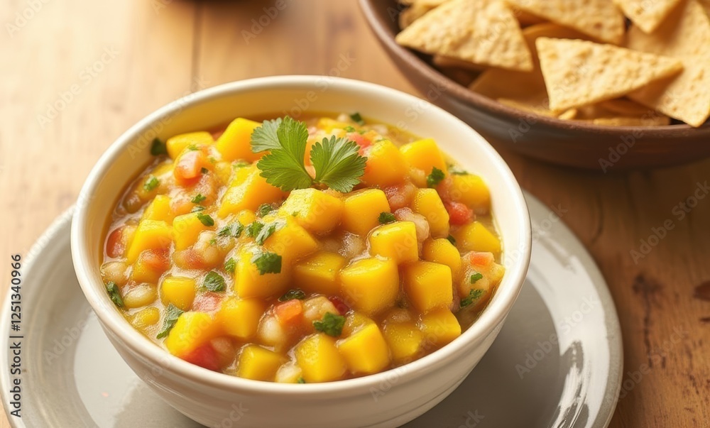 Fresh mango salsa with crispy tortilla chips Fresh mango salsa with crispy tortilla chips