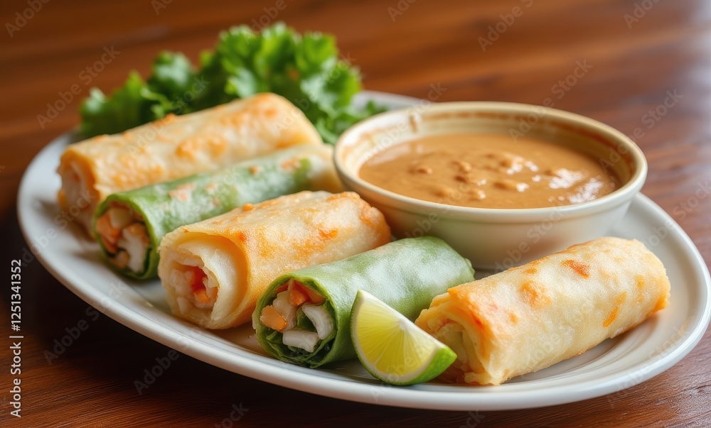 Colorful spring rolls with peanut sauce Colorful spring rolls with peanut sauce