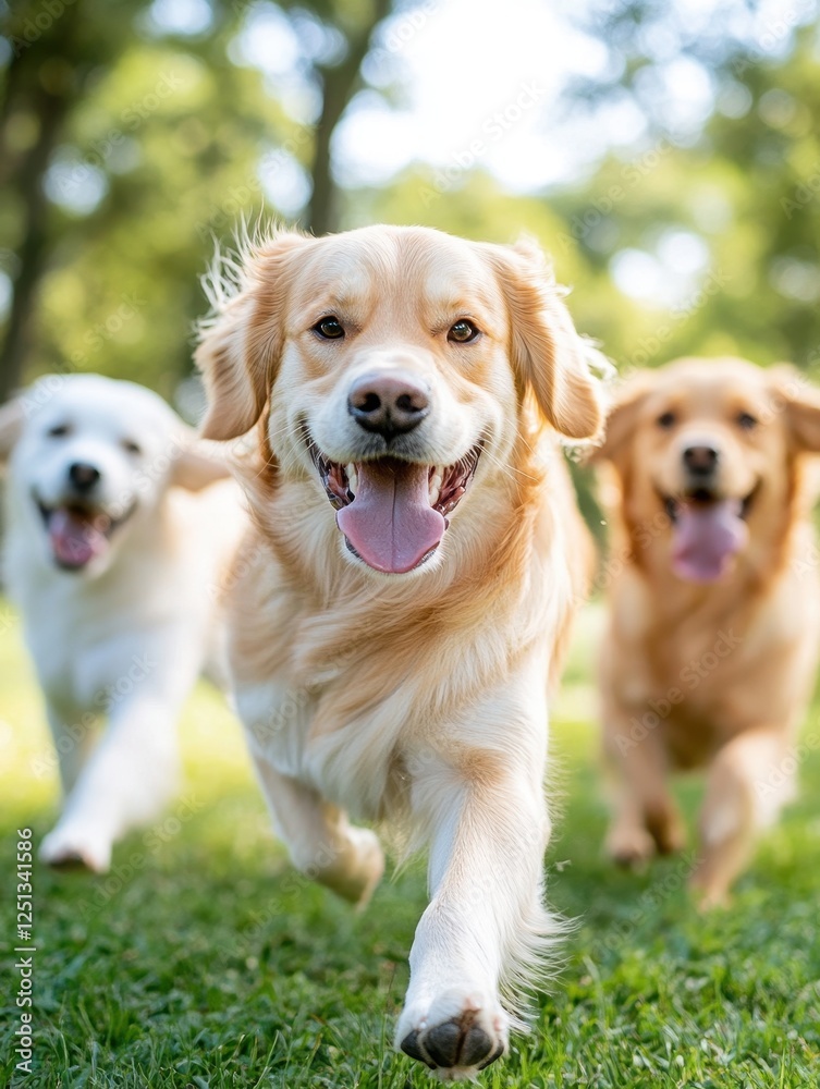 Three Happy Golden Retrievers Running in a Sunny Green Park Three Happy Golden Retrievers Running in a Sunny Green Park