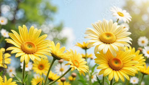 Whimsical oversized daisies blooming in fairytale setting, enchantment