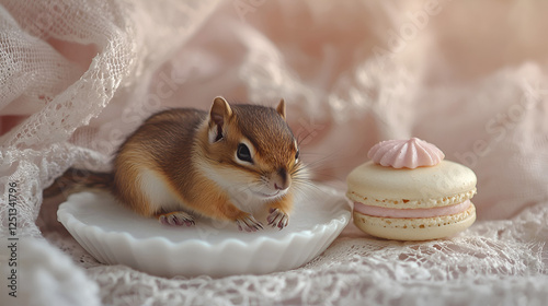 A tiny chipmunk curiously perches on a small, elegant dish beside a delicate pastry, surrounded by soft, lacey fabric.