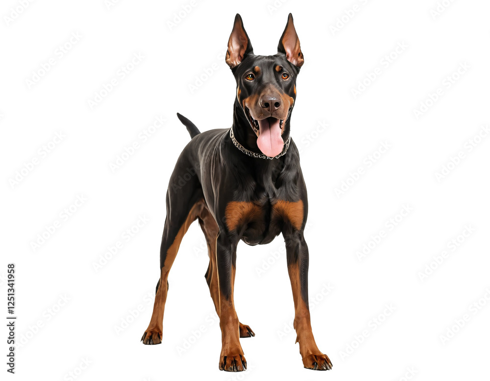 A Doberman Retriever stands confidently on all fours, its black and brown coat contrasting against a white background, with its tongue out and collar around its neck A Doberman Retriever stands confidently on all fours, its black and brown coat contrasting against a white background, with its tongue out and collar around its neck