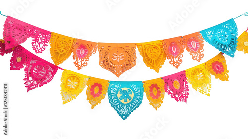 Cinco de Mayo PNG file of a colorful Papel picado banner with intricate cut-out patterns, isolated on white background