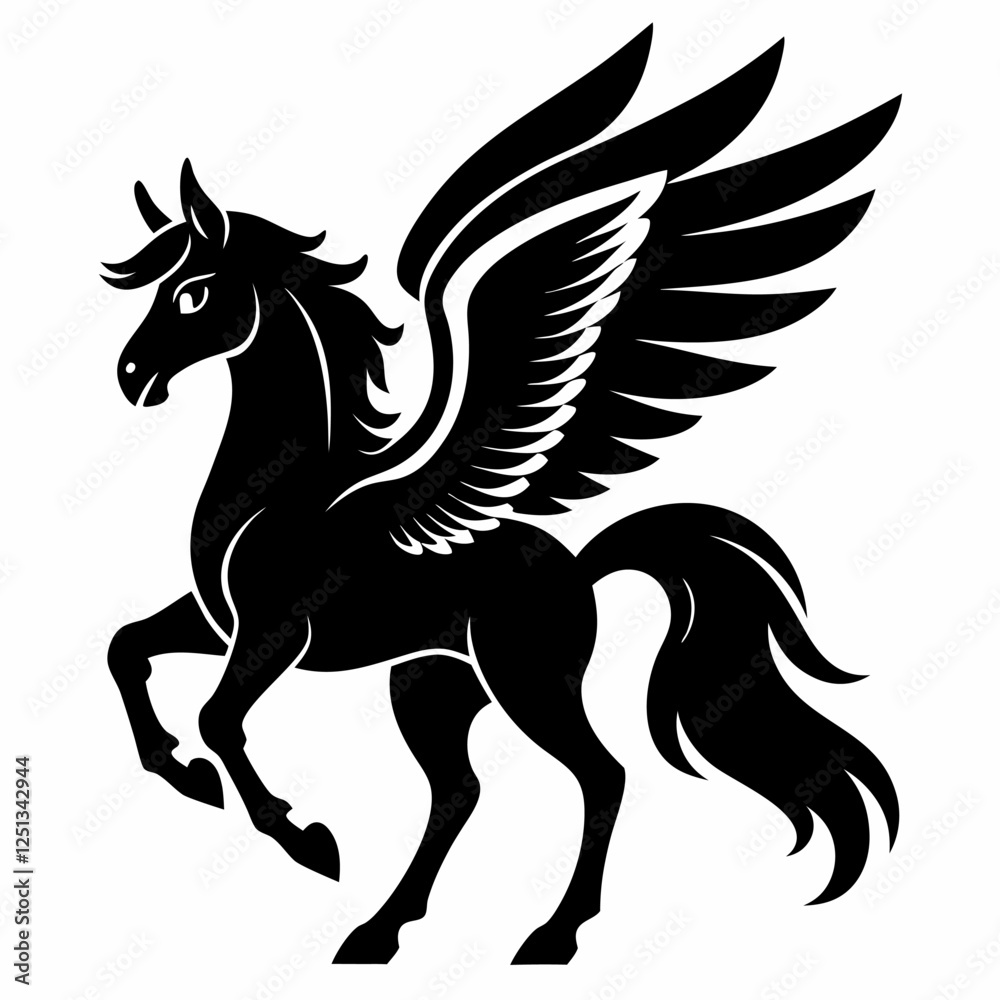 Majestic Black Pegasus Silhouette with Outspread Wings in Elegant Pose Majestic Black Pegasus Silhouette with Outspread Wings in Elegant Pose