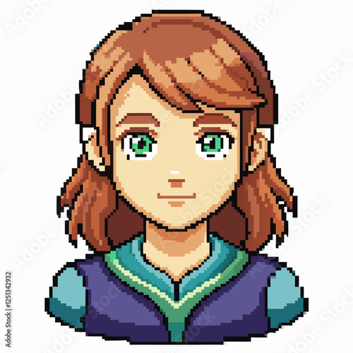 Pixel Art Portrait of a Red Haired Girl with Green Eyes and a Blue Outfit