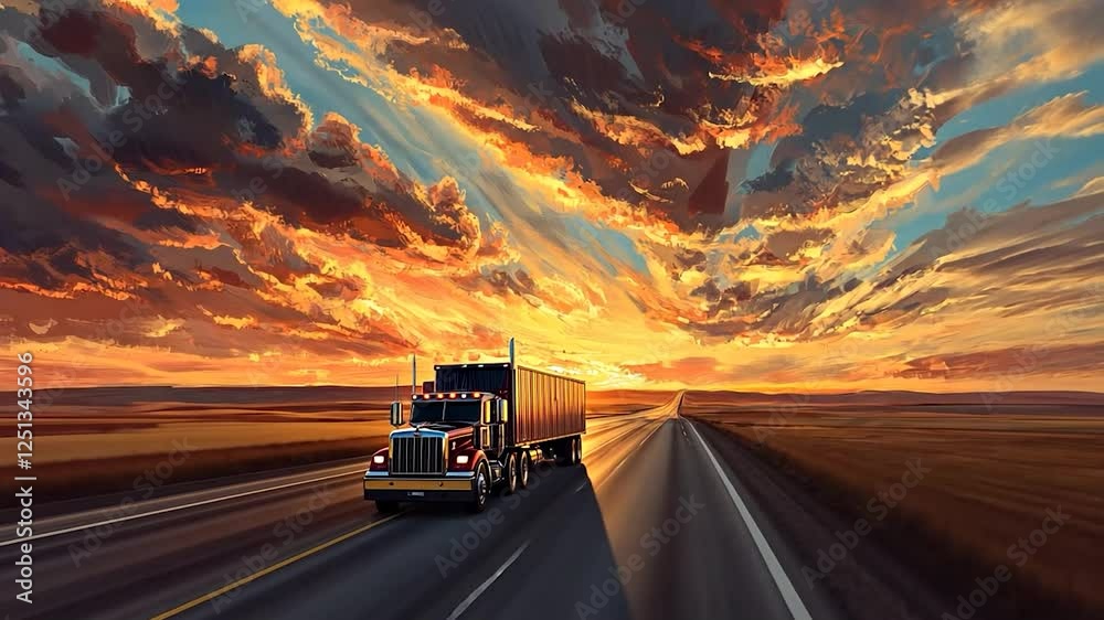 Sunset highway, truck, open road, dramatic clouds Sunset highway, truck, open road, dramatic clouds