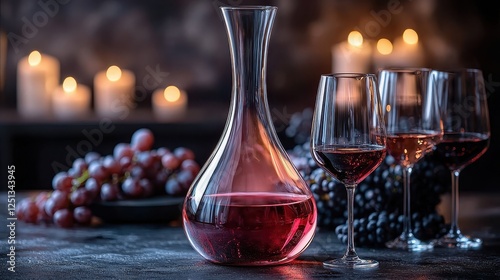A beautifully arranged still life featuring a glass decanter, red wine, grapes, and candles, creating a warm, inviting atmosphere.