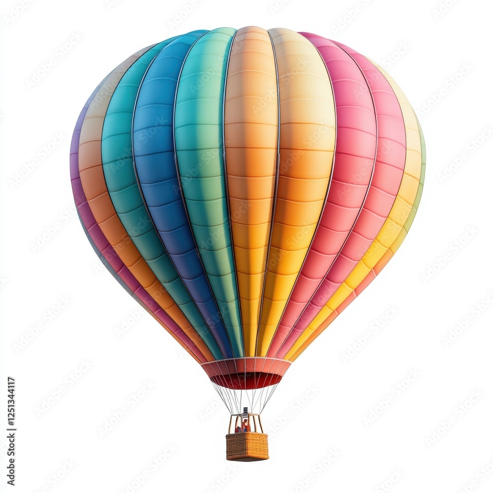 Fototapeta premium Colorful Hot Air Balloon Flying High in a Clear Blue Sky with a Vibrant, Striped Pattern Creating a Joyful and Uplifting Atmosphere