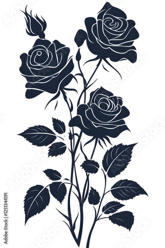 Elegant Floral Arrangement Featuring Three Roses and Leaves in a Dark Blue Silhouette Style