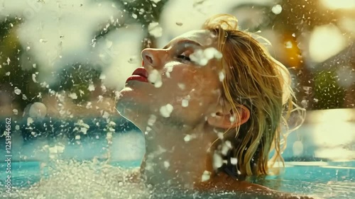 Beautiful blonde woman relaxing in the pool, sunbathing and enjoying her vacation at a luxury hotel spa resort on a summer day. The beautiful girl has her eyes closed, looking up in the water.