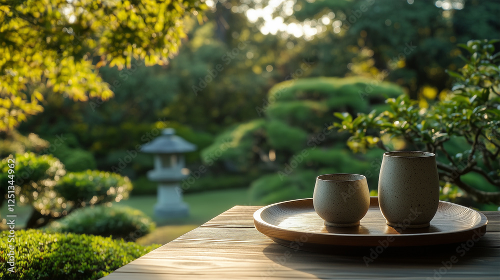 日本庭園を望む縁側の日本酒と盃 – 静寂に包まれた贅沢なひととき 日本庭園を望む縁側の日本酒と盃 – 静寂に包まれた贅沢なひととき