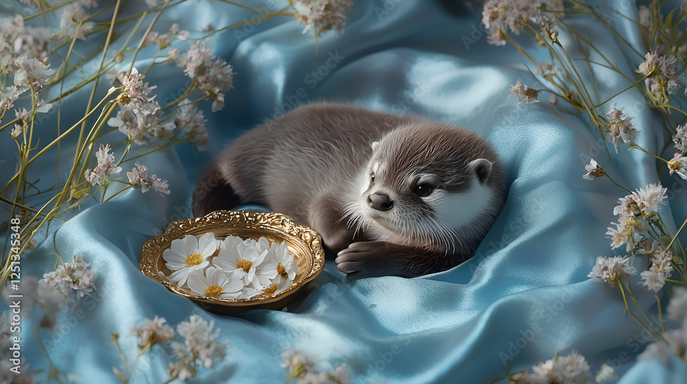 A baby otter curled up on silk with a small golden bowl filled with tiny white flowers for an aesthetic arrangement A baby otter curled up on silk with a small golden bowl filled with tiny white flowers for an aesthetic arrangement