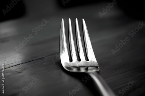 Silver fork on wooden table, close-up, dark background, food photography