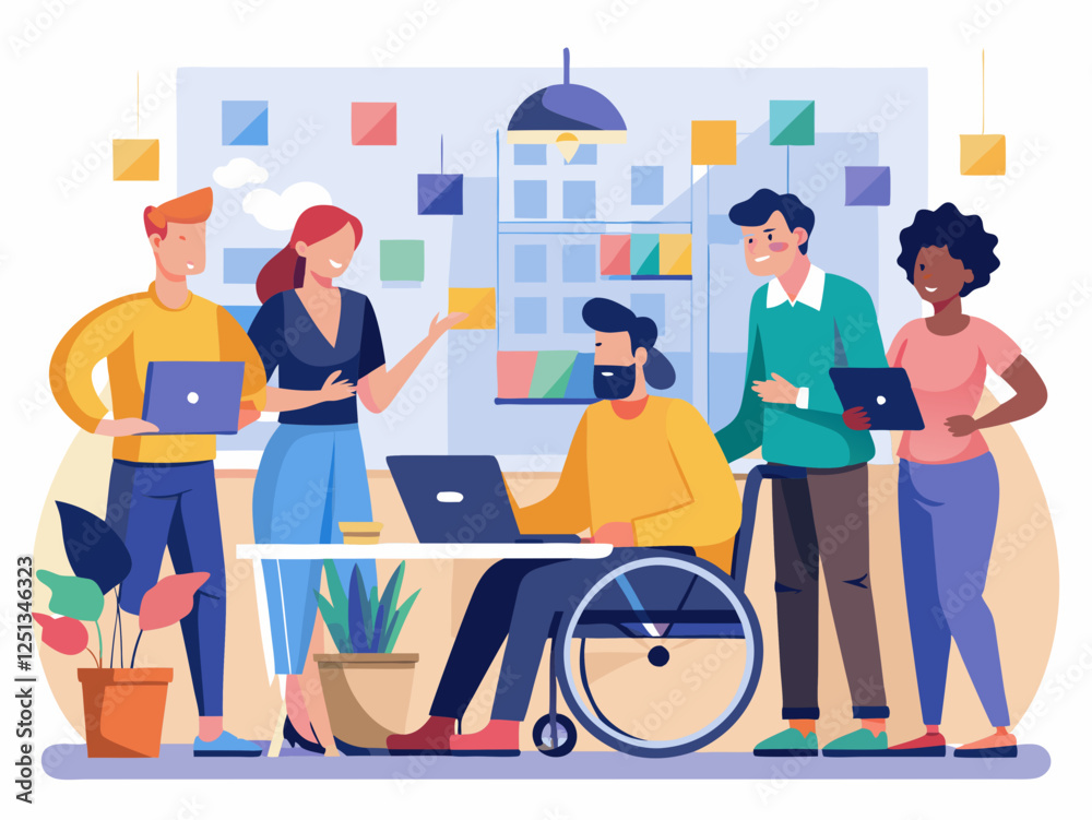 Diverse Office Team Collaborating in an Inclusive Workspace with Data Visualization Elements