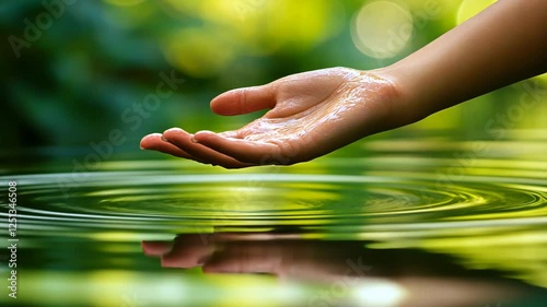 Close up of woman's hand touching water surface in river, natural light, blurred background, ultra realistic photo, cinematic lighting, high resolution photography