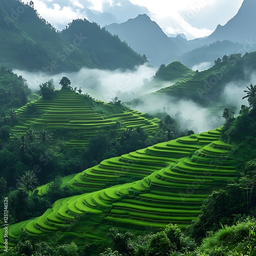 Terraced mist rice fields green valley high resolution hd picture